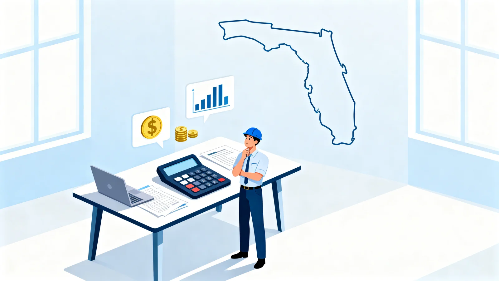 Business owner evaluating workers' comp costs with a calculator and charts